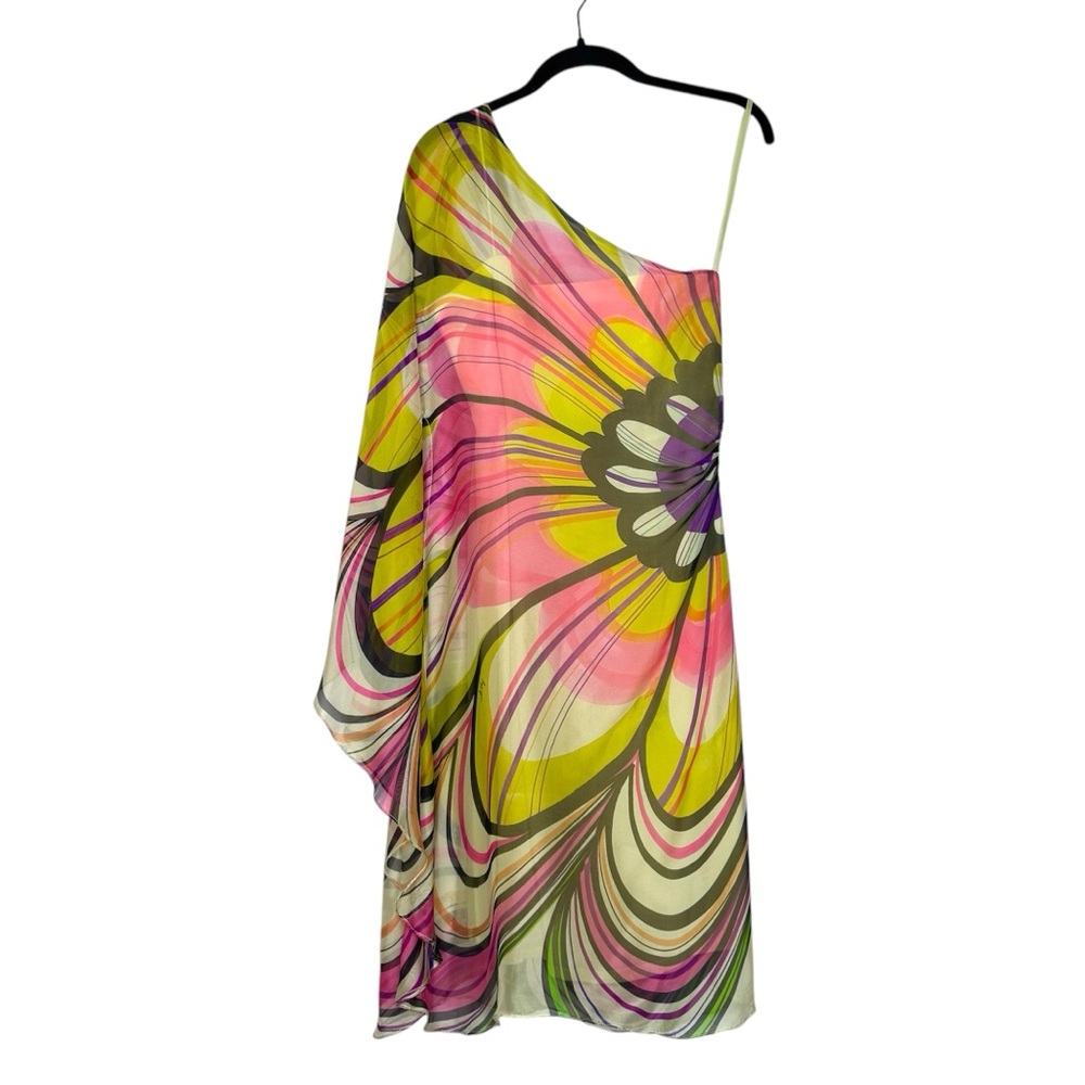 Milly Silk One Shoulder Dress Caftan Rainbow Swirl Floral Flowy Party NYE SZ 4